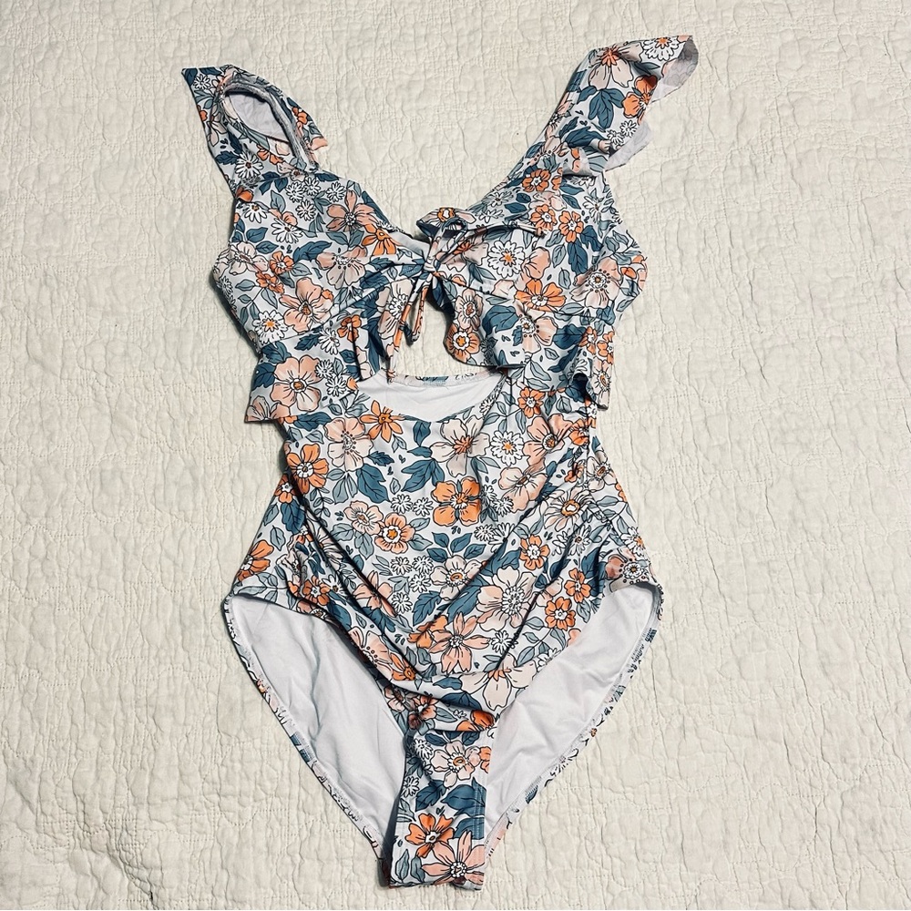 NEW Eomenie Sz Medium 1 Piece Swimsuit Blue White Orange Ruffle Cutout Tie Beach